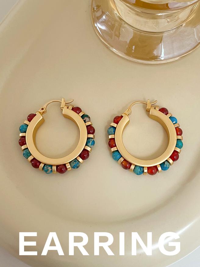 Pendientes redondos con cuentas de piedra natural de colores