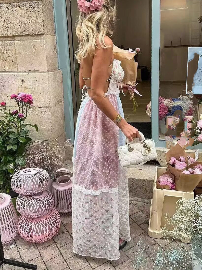 Vestido largo con cordones y estampado floral de encaje