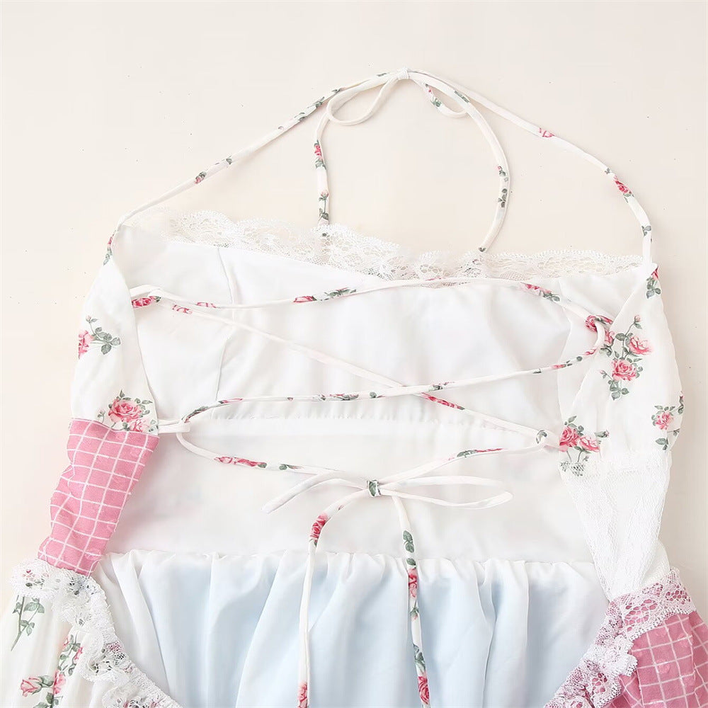 Vestido largo con cordones y estampado floral de encaje