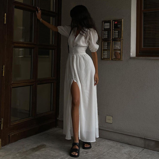 שמלת מקסי Slit Slit Slim Fit עם שרוול נפוח עמוק V