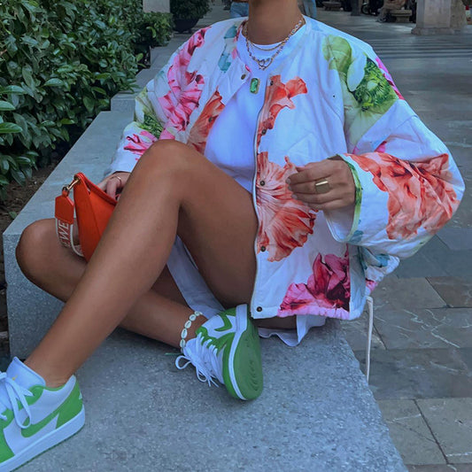 Chaqueta holgada con cordón y hombros caídos y estampado grande