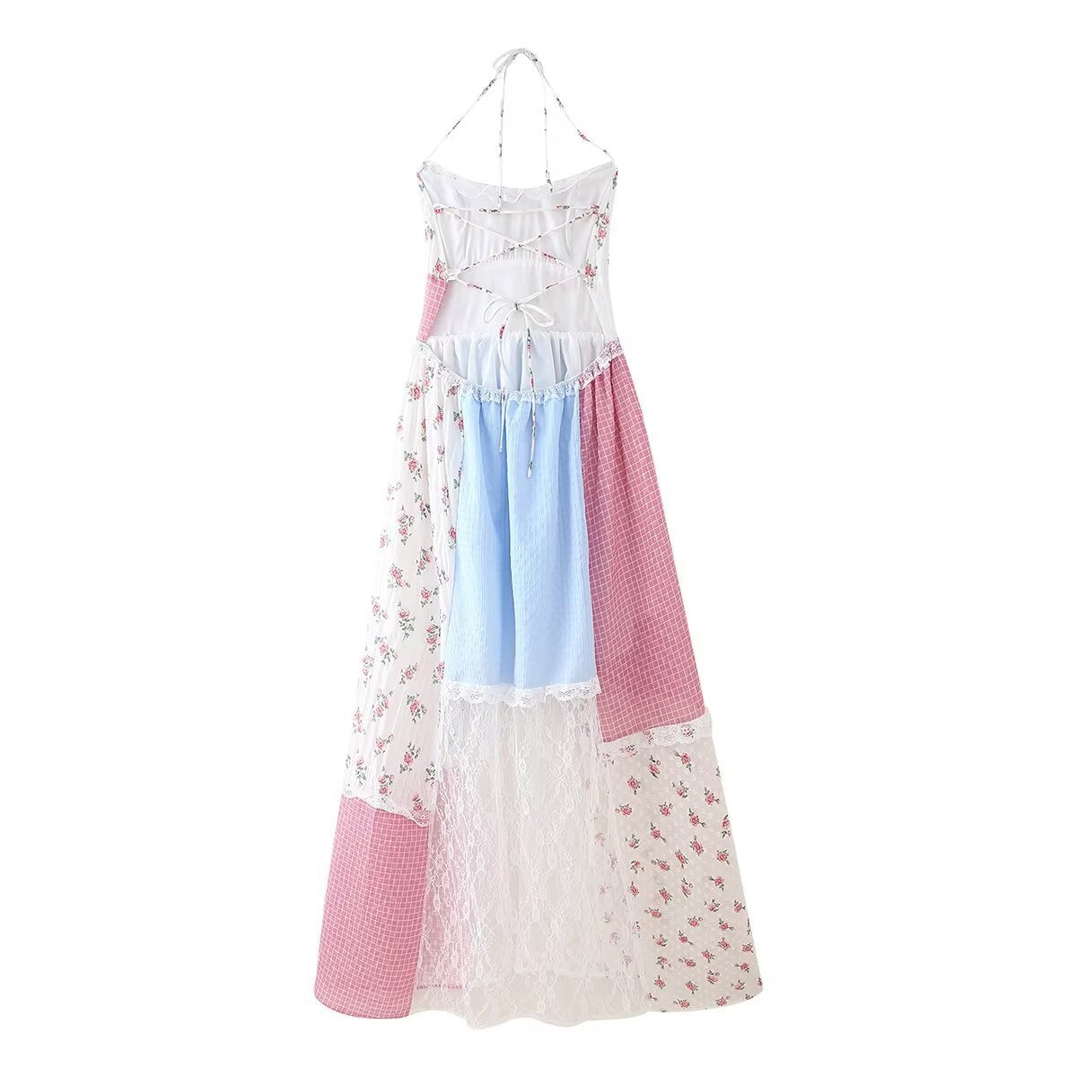 Vestido largo con cordones y estampado floral de encaje