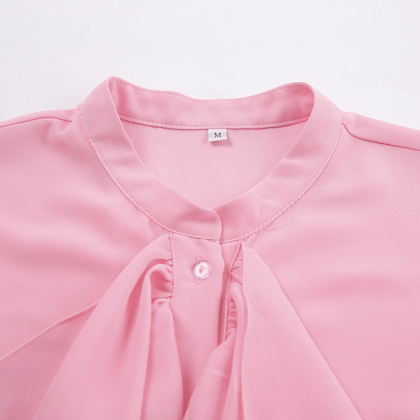 Blusa con volantes en cascada de gasa transparente y manga acampanada con cuello redondo