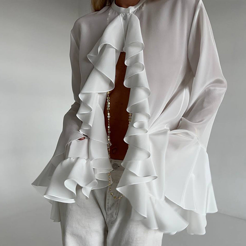 Blusa con volantes en cascada de gasa transparente y manga acampanada con cuello redondo