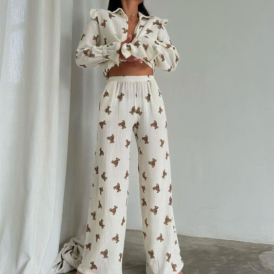 Ropa de dormir holgada de dos piezas de algodón con estampado floral