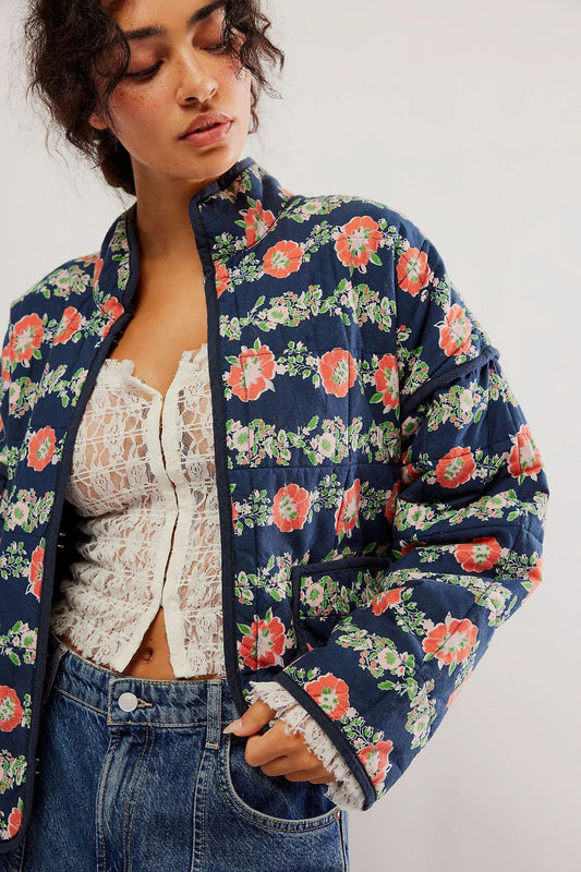 Chaqueta de algodón con hombros caídos y clip de bolsillo con estampado de flores-Azul marino