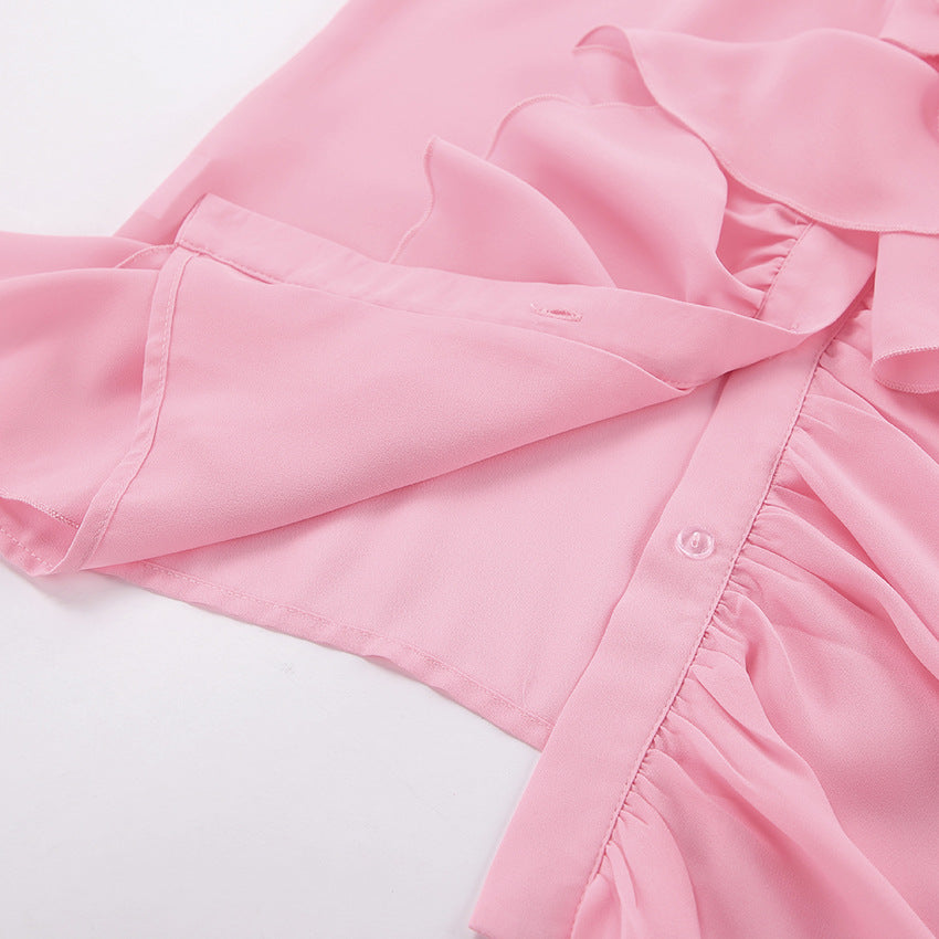 Blusa con volantes en cascada de gasa transparente y manga acampanada con cuello redondo