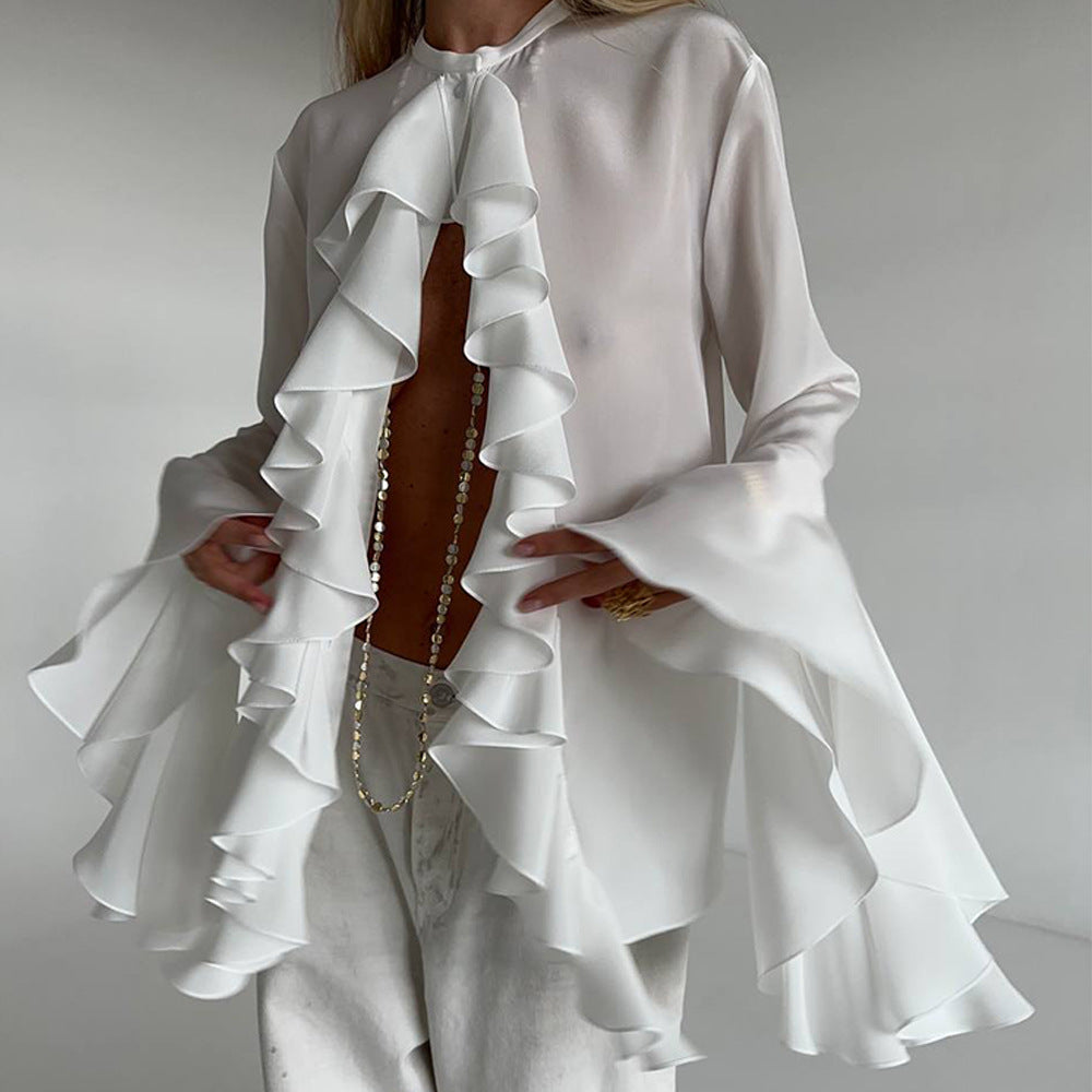 Blusa con volantes en cascada de gasa transparente y manga acampanada con cuello redondo