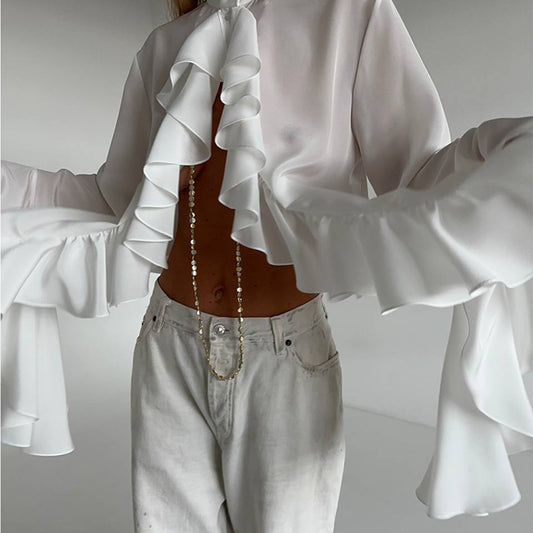 Blusa con volantes en cascada de gasa transparente y manga acampanada con cuello redondo