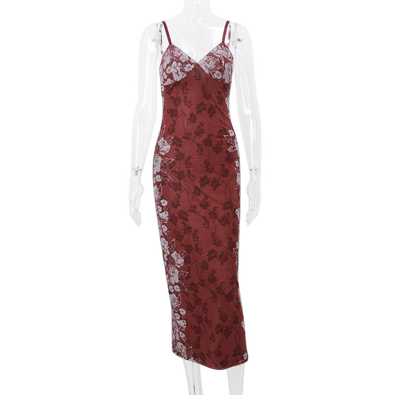 Vestido largo con cuello halter y estampado floral de gama amplia
