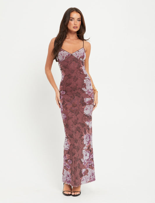Vestido largo con cuello halter y estampado floral de gama amplia