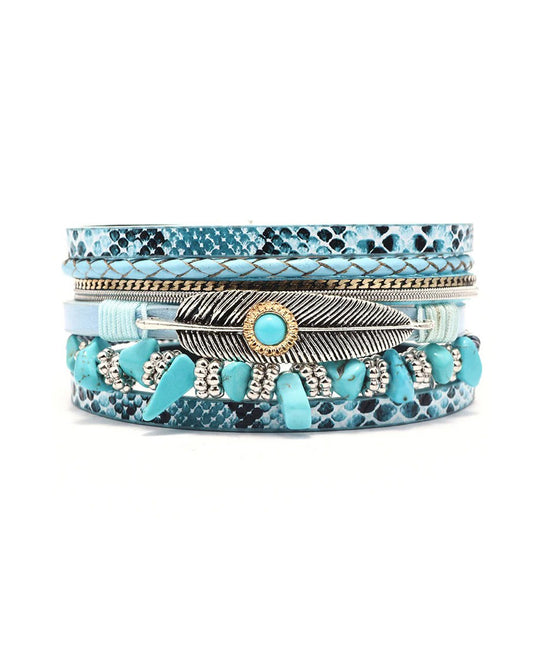 Pulsera de plumas Anillo de muñeca Pulsera de cuero multicapa de grava