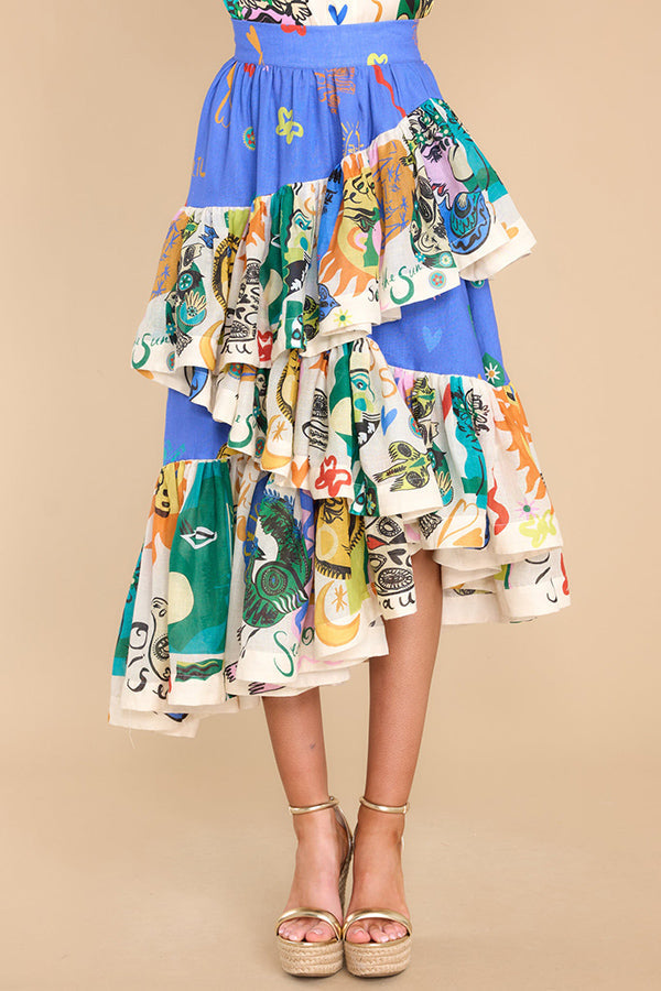 Saia midi em camadas com babados irregulares com estampa exclusiva Sandy Sunshine