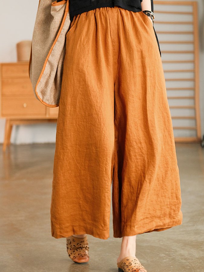 Lässige, lockere Hose aus Baumwollleinen mit weitem Bein für Damen 
