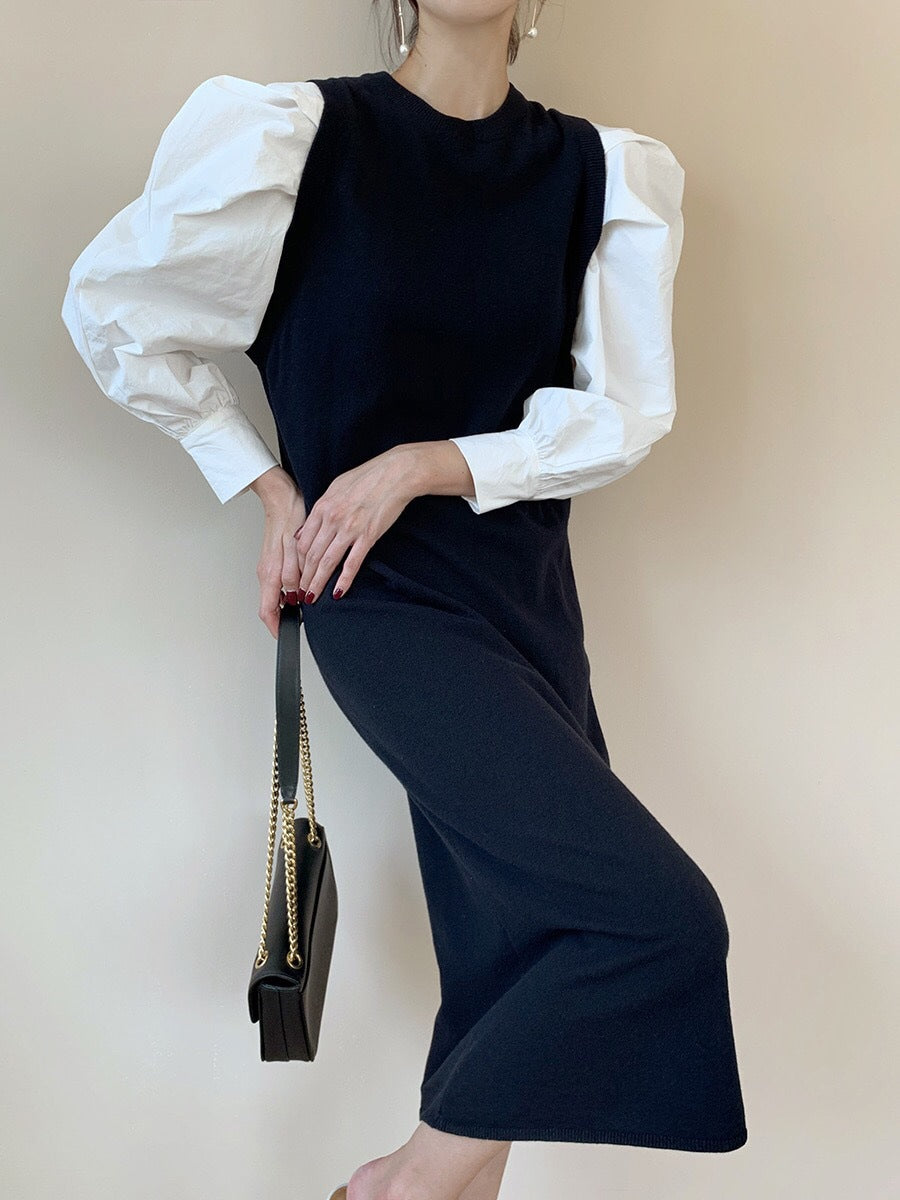 Gebreide jurk met ronde hals, elegante kleur en pofmouwen