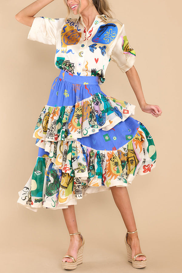 Saia midi em camadas com babados irregulares com estampa exclusiva Sandy Sunshine