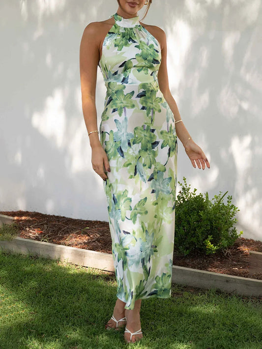Vestidos largos de vacaciones fluidos sin espalda con cuello halter y estampado floral