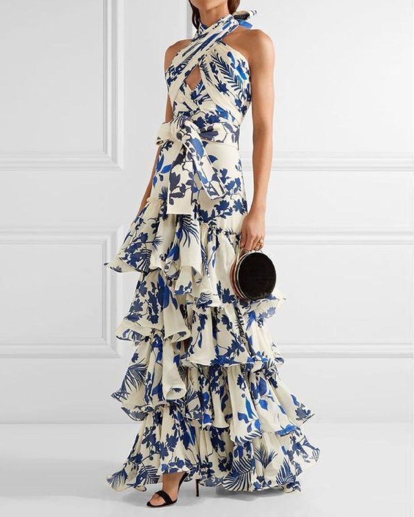 Crossover Halter Neck Print Ruffle Draped Dress