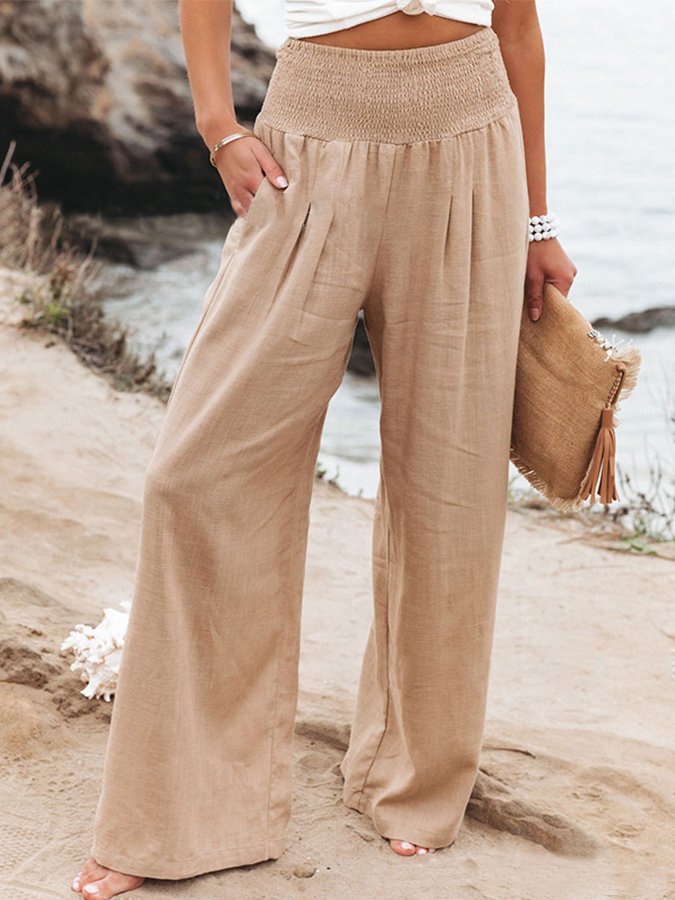 Lässige Hose mit hoher Taille für Damen, einfarbig, lockere Hose aus Baumwollleinen mit weitem Bein 