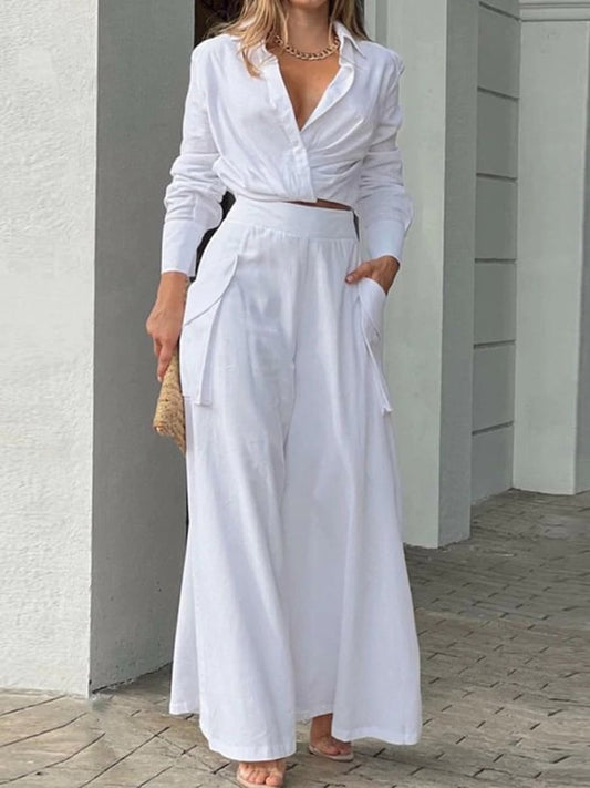 Conjunto feminino simples de duas peças de cor sólida