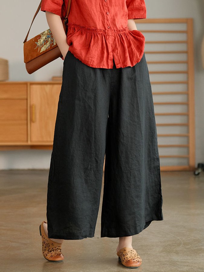 Lässige, lockere Hose aus Baumwollleinen mit weitem Bein für Damen 