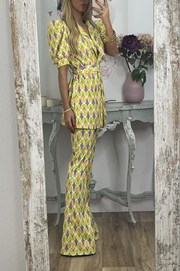 ADARA Fashion طقم سروال قصير بأكمام منتفخة ورقبة على شكل حرف V