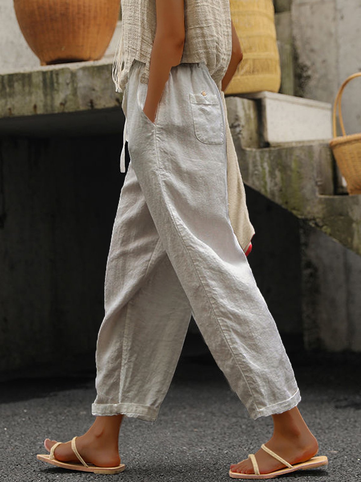 Pantaloni casual eleganti in cotone da donna in puro colore