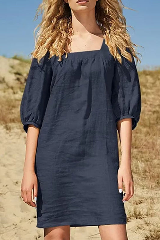 Vestido de lino de algodón con cuello cuadrado informal y manga de burbuja de estilo minimalista