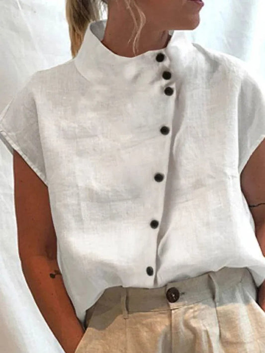 Top casual con cuello levantado y botones de lino y algodón