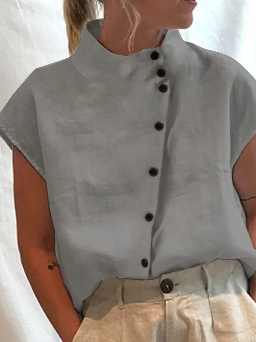Top casual con cuello levantado y botones de lino y algodón